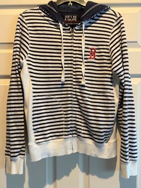 Boston Red Sox Striped Zip Hoodie with Red 'B' Patch - Navy & White